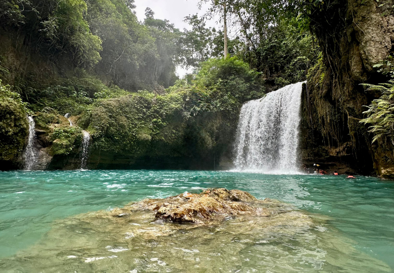 Happy tourists posing with Cebu Seesh Travel tour vehicle